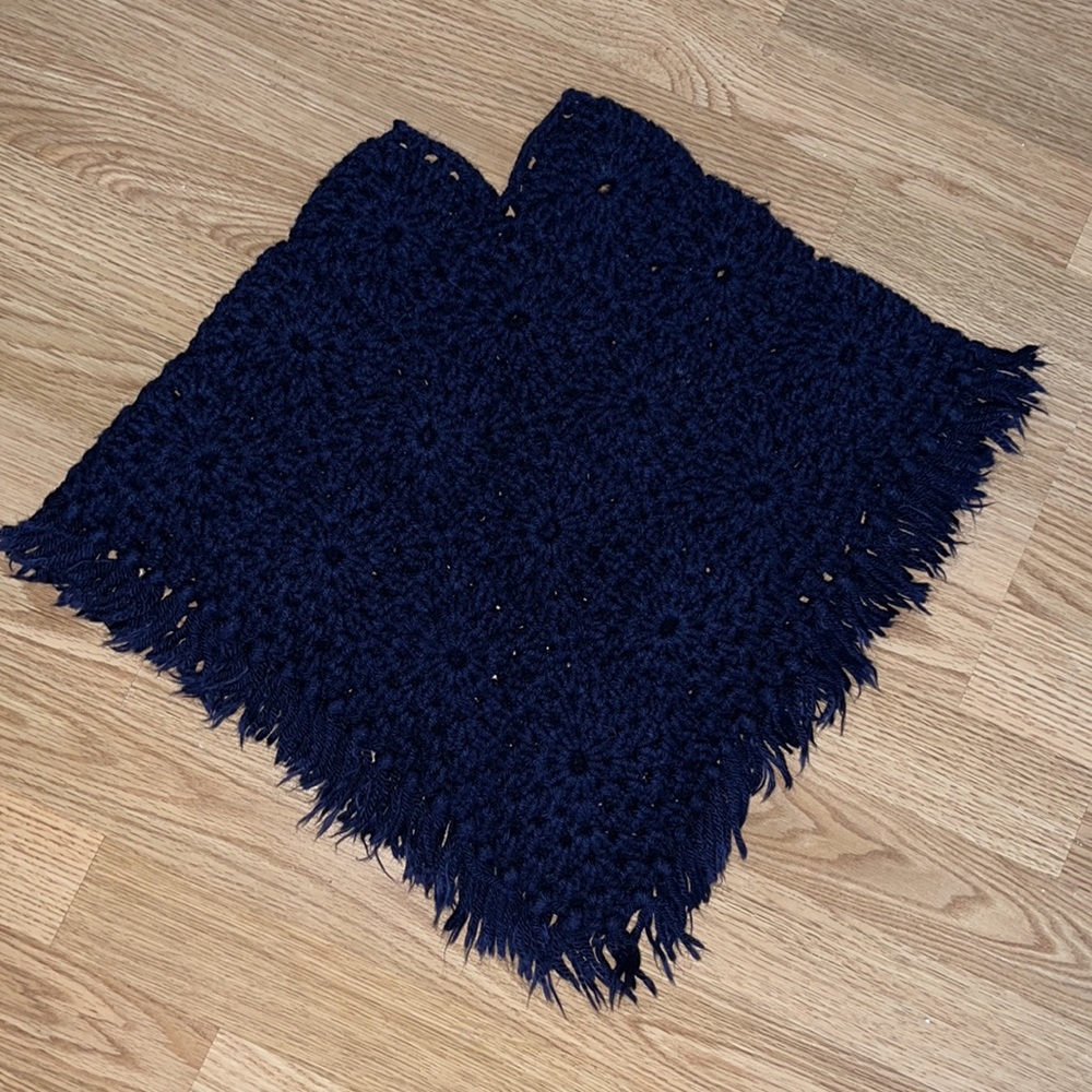 Kids Navy Crochet Poncho with Fringe
